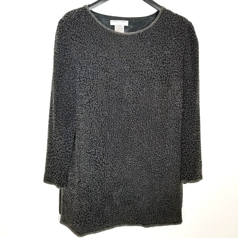 Vtg Adrianna Papell Black Silk Beaded Split Side Evening Tunic Blouse Sz 2X